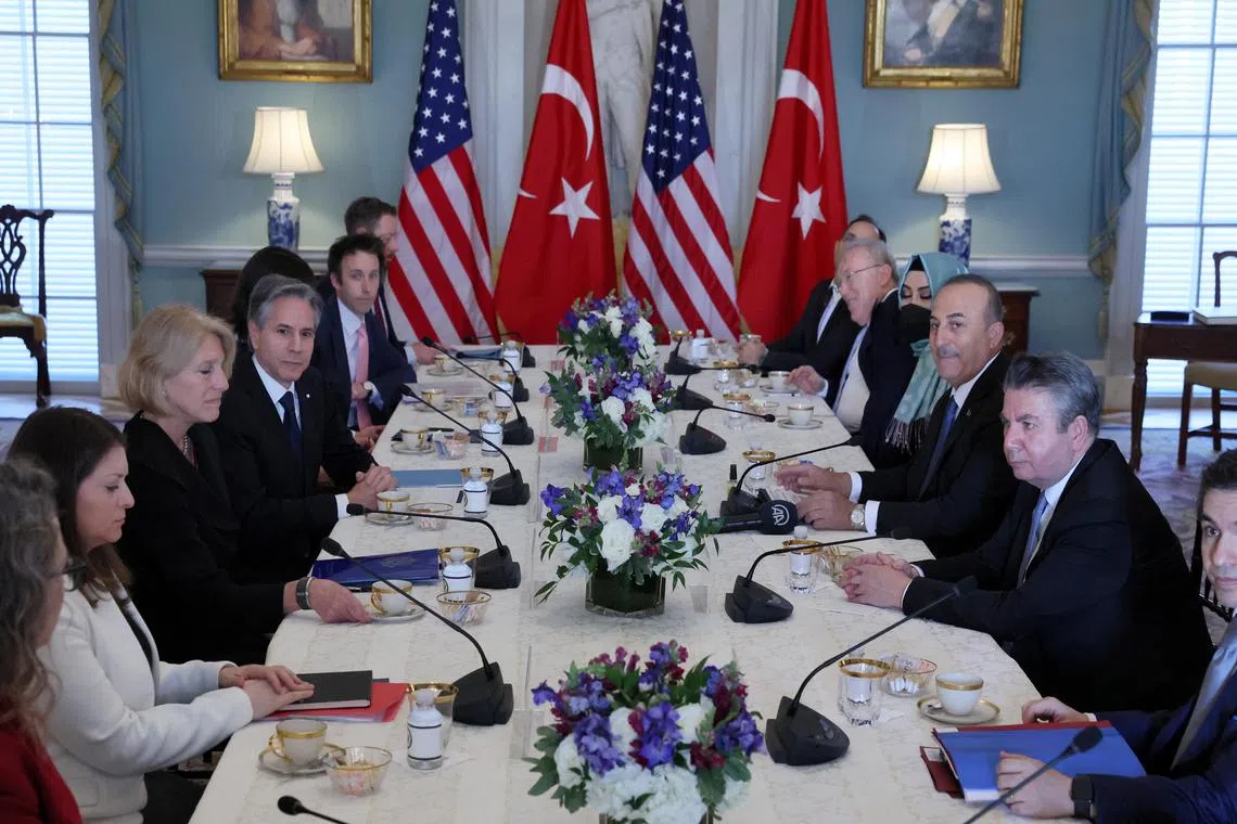US Secretary of State Antony Blinken and Turkish Foreign Minister Mevlut Cavusoglu meet at the State Department in Washington, US, on Jan 18, 2023.