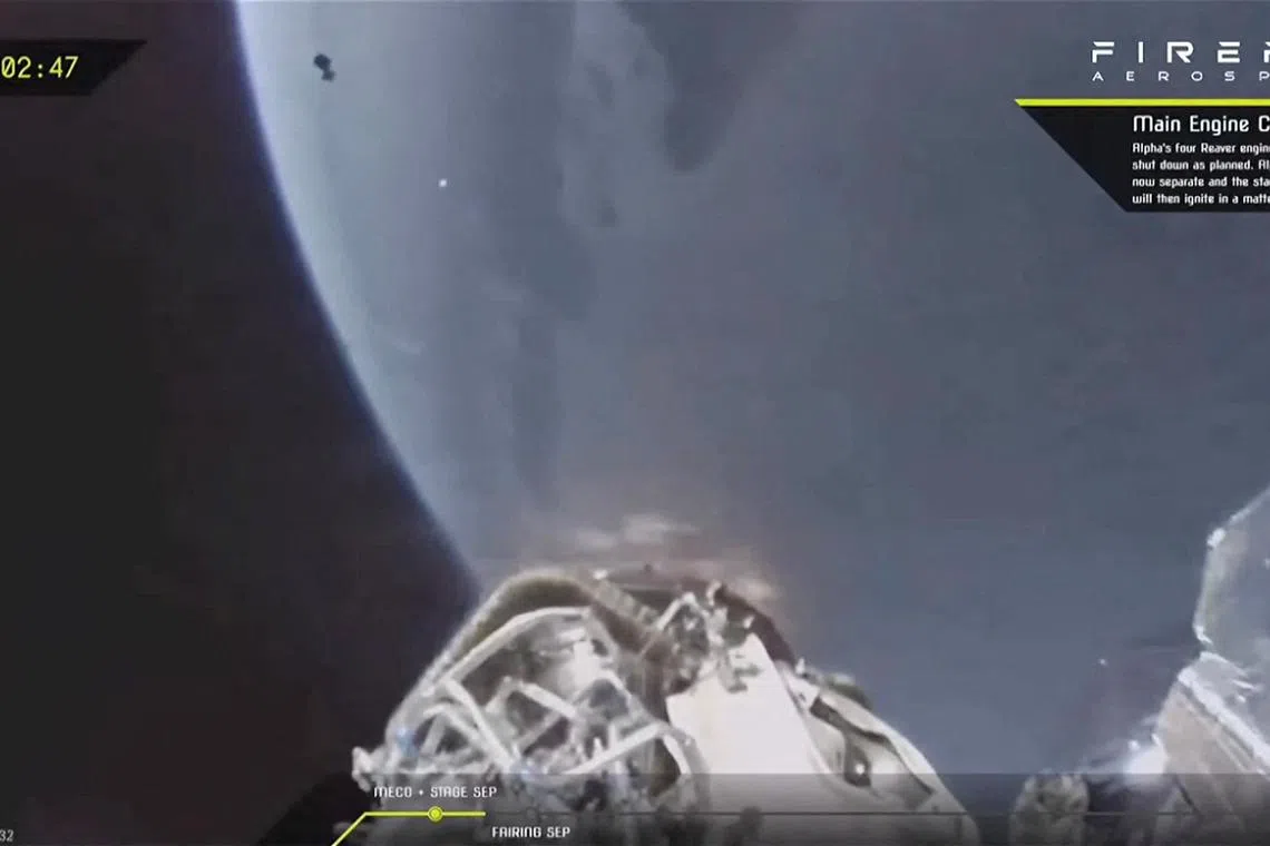 U.S. company Firefly Aerospace's rocket, Firefly Alpha, performs a booster separation, seen top-left over Earth, after launching from Vandenberg Space Force Base, California, U.S., April 29, 2025 in this still image taken from social media video. Firefly Aerospace via REUTERS