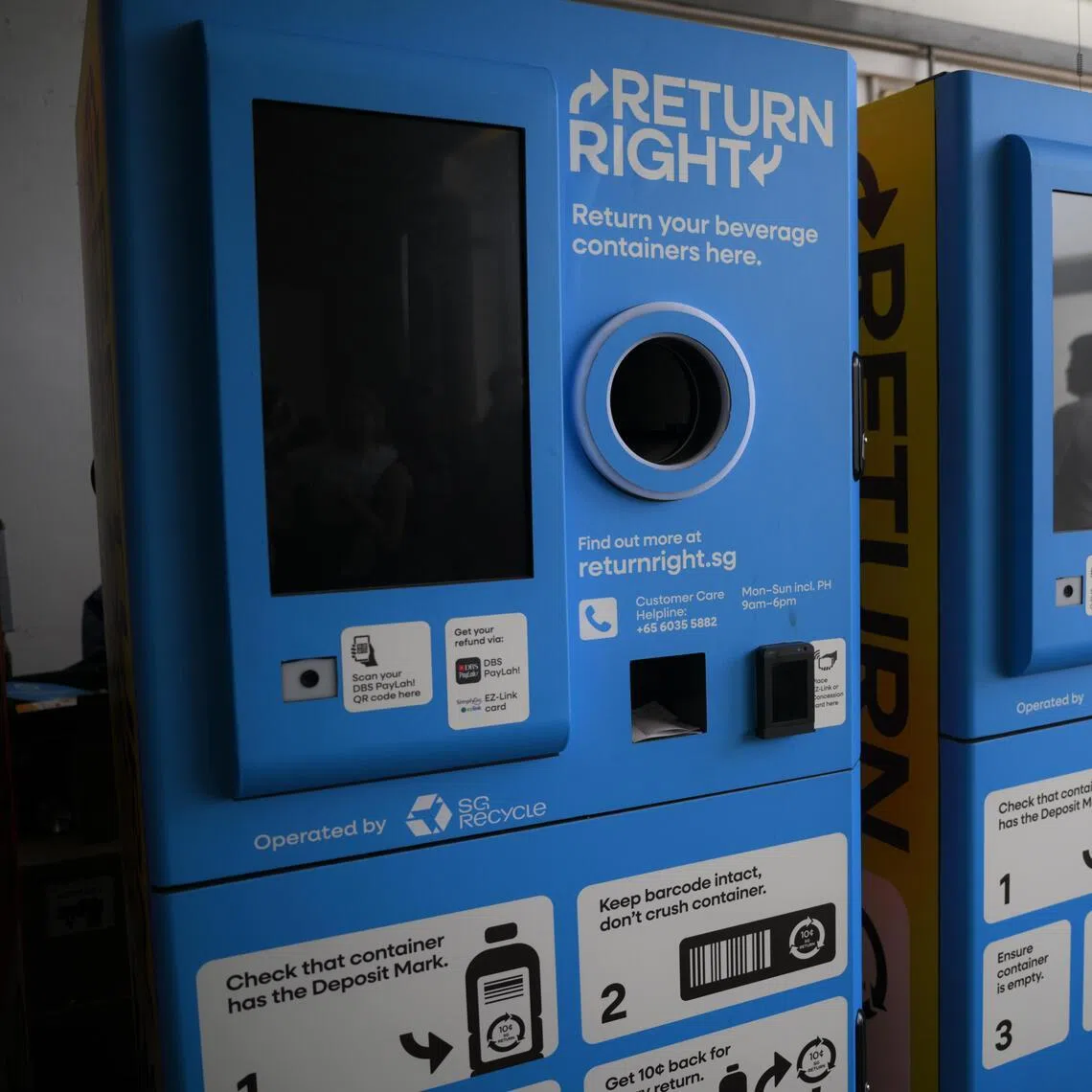 Reverse vending machines by SG Recycle on display at its office launch on March 11, 2026.