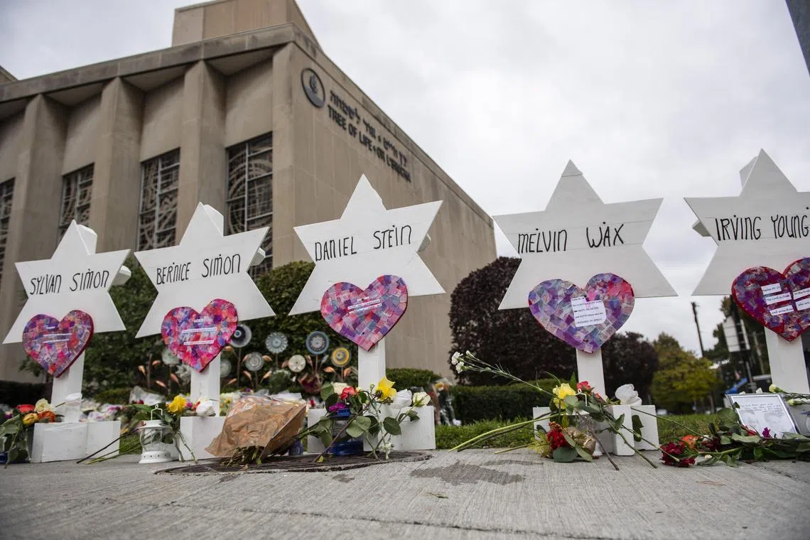 A 2018 photo shows a makeshift memorial outside the Tree of Life Synagogue in Pittsburgh.