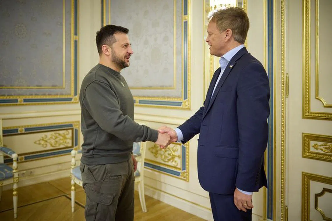 Ukraine&#039;s President Volodymyr Zelenskiy welcomes British Defence Secretary Grant Shapps before a meeting, amid Russia&#039;s attack on Ukraine, in Kyiv, Ukraine, in this handout picture released September 28, 2023. Ukrainian Presidential Press Service/Handout via REUTERS