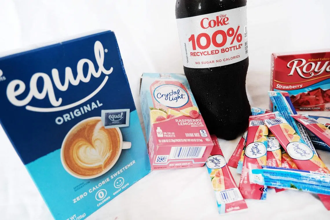 NEW YORK, NEW YORK - JULY 14: In this photo illustration, food products that contain the artificial sweetener aspartame including Equal, Crystal Light, Diet Coke, and Royal Jello are displayed on July 14, 2023 in New York City. The World Health Organization classified the sugar substitute aspartame, which is used in numerous food products, as a possible carcinogen, but the group said it is safe for people to consume within the recommended daily limit. (Photo illustration by Spencer Platt/Getty Images) (Photo by SPENCER PLATT / GETTY IMAGES NORTH AMERICA / Getty Images via AFP)