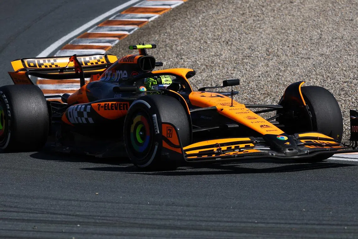 FILE PHOTO: Formula One F1 - Dutch Grand Prix - Circuit Zandvoort, Zandvoort, Netherlands - August 25, 2024 McLaren's Lando Norris in action during the race REUTERS/Lisi Niesner/File Photo