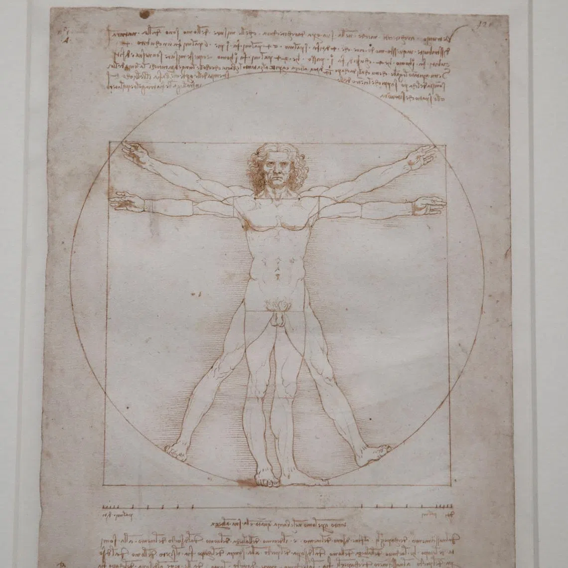 FILE PHOTO: \"The Vitruvian Man\", a drawing by Leonardo da Vinci is pictured during a press visit of the \"Leonardo da Vinci\" exhibition to commemorate the 500-year anniversary of his death at the Louvre Museum in Paris, France, October 20, 2019. REUTERS/Benoit Tessier/File Photo