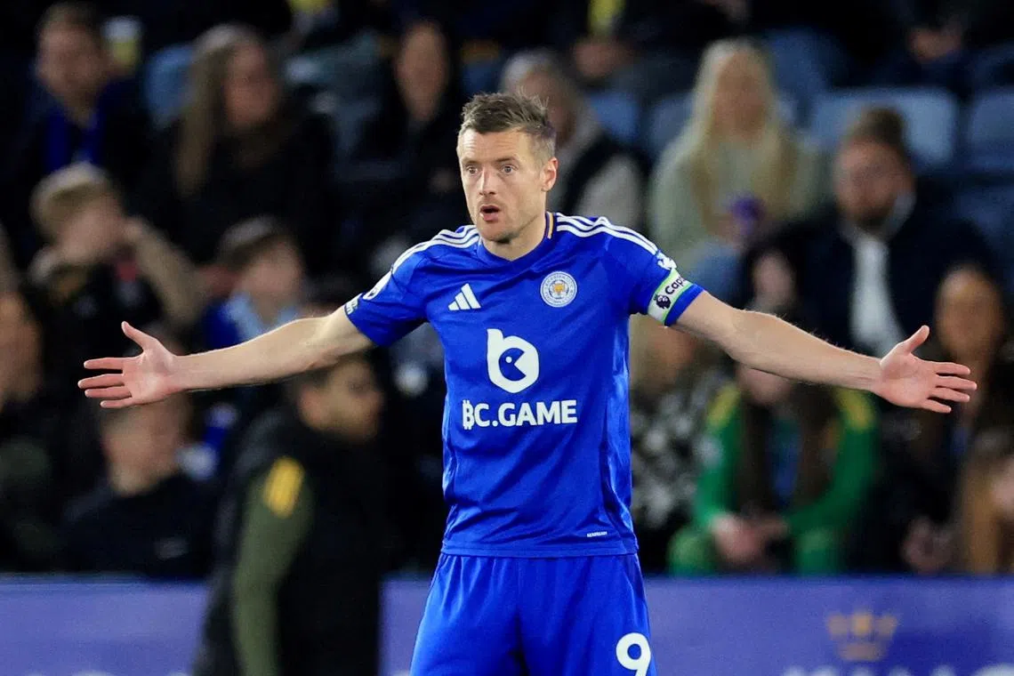 FILE PHOTO: Soccer Football - Premier League - Leicester City v Newcastle United - King Power Stadium, Leicester, Britain - April 7, 2025  Leicester City's Jamie Vardy reacts Action Images via Reuters/Andrew Boyers/ File Photo