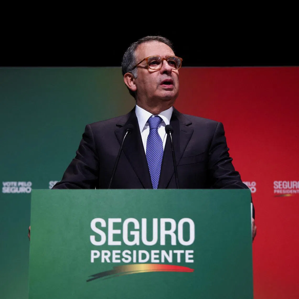 Portuguese presidential candidate of the Socialist Party, Antonio Jose Seguro, delivers a speech after leading the first round of Portugal's presidential election, in Caldas da Rainha, Portugal, January 18, 2026. REUTERS/Rodrigo Antunes