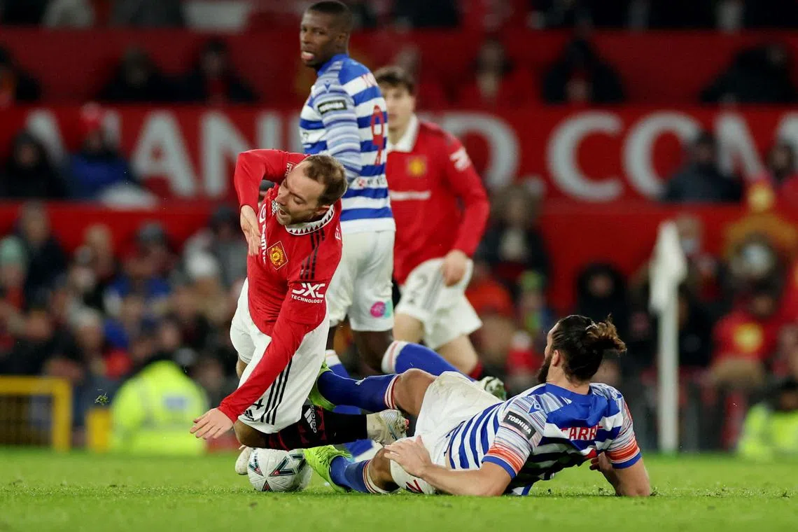 Manchester United playmaker Christian Eriksen was injured by Reading's Andy Carroll during their FA Cup fourth-round clash.