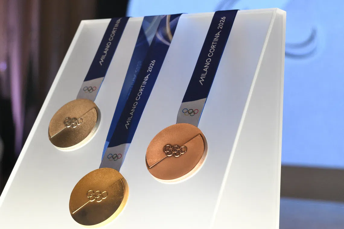 FILE PHOTO: Olympics - 2026 Milano Cortina Winter Olympics medals unveiled - Palazzo Balbi, Venice, Italy - July 15, 2025 General view of the Milano Cortina Winter Olympics medals during the unveiling REUTERS/Alberto Lingria/ File Photo