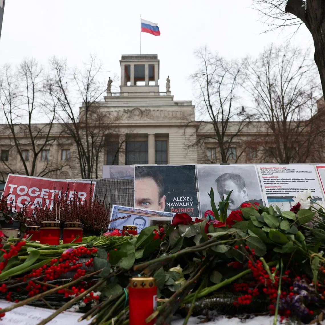 Tributes to late Kremlin critic Alexei Navalny left outside the Russian Embassy, on the second anniversary of his death, on Feb 16.