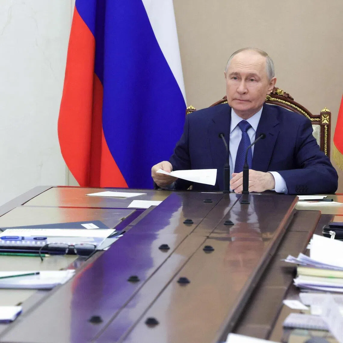 Russian President Vladimir Putin chairing a meeting on economic issues in Moscow on May 15.