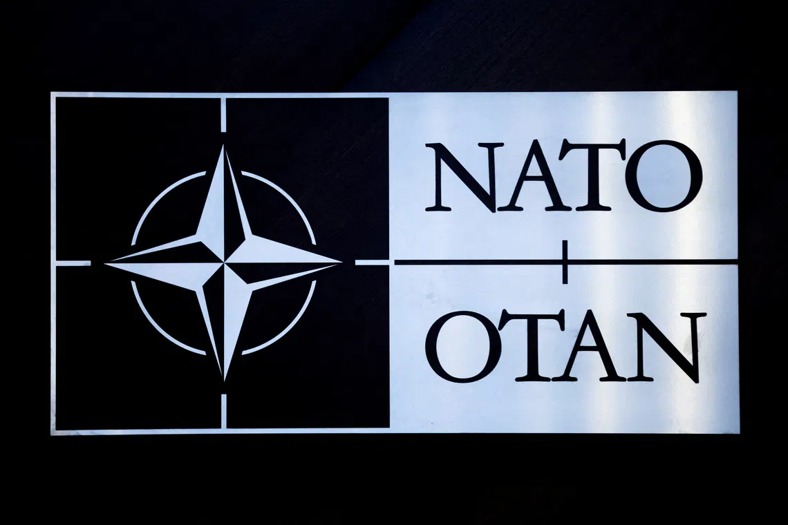 FILE PHOTO: The logo of NATO is seen at a meeting of the North Atlantic Council in the NATO defence ministers' session together with Sweden as the invitee, at the Alliance's headquarters in Brussels, Belgium February 15, 2024. REUTERS/Johanna Geron/File Photo