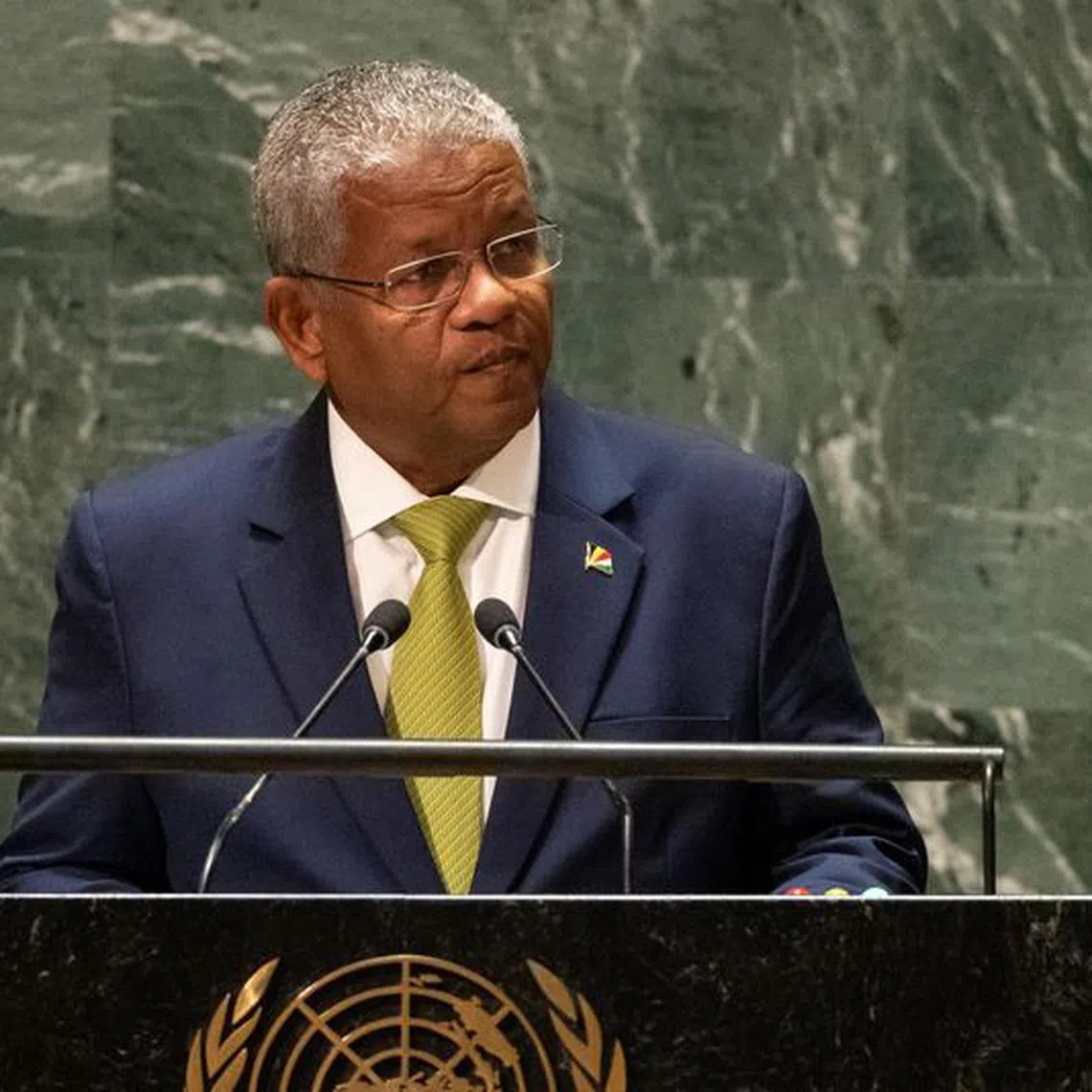 Wavel Ramkalawan President of Seychelles addresses the 78th United Nations General Assembly at U.N. headquarters in New York, U.S., September 20, 2023. REUTERS/Caitlin Ochs/ File Photo
