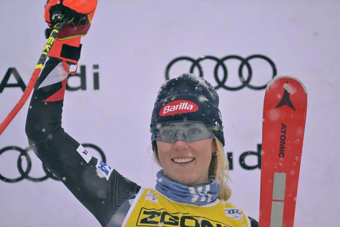 Dec 3, 2023; Mont Tremblant, Quebec, CAN; Mikaela Shiffrin of the United States celebrates on the podium after the giant slalom race in the women's alpine skiing World Cup at Mont Tremblant. Mandatory Credit: Eric Bolte-USA TODAY Sports/File Photo