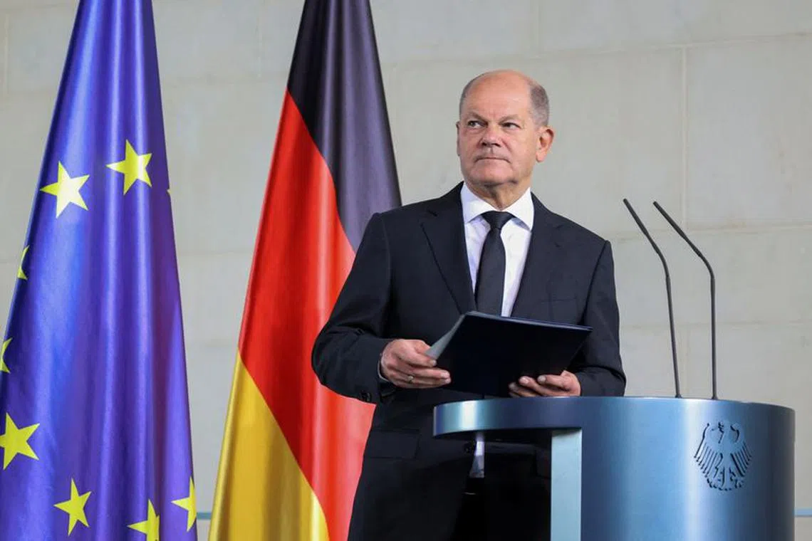German Chancellor Olaf Scholz comments on the situation in the Middle East, one day after Hamas' attacks on Israel, in the chancellery, Berlin, Germany, October 8, 2023.   REUTERS/Liesa Johannssen