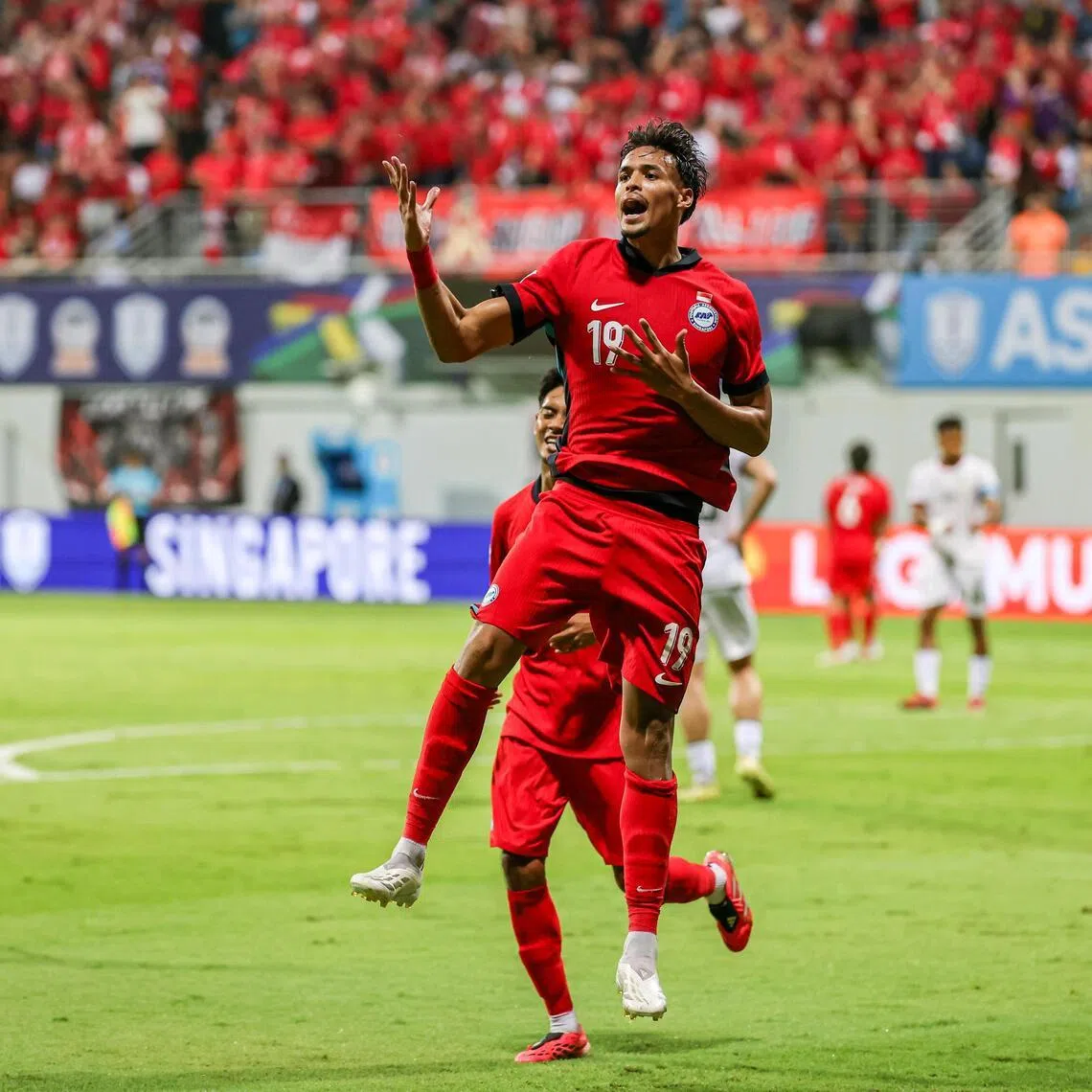 Lions forward Ilhan Fandi celebrating after scoring Singapore’s first goal against Timor-Leste in their ASEAN Championship Group A match at the Jalan Besar Stadium on July 27.