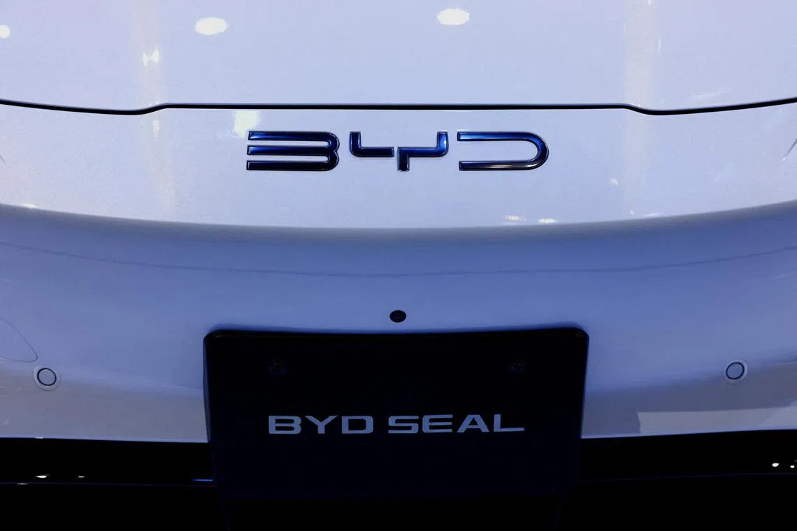 FILE PHOTO: A view of the logo of BYD on the BYD Seal at a press day of the Japan Mobility Show 2023 at Tokyo Big Sight in Tokyo, Japan October 25, 2023.  REUTERS/Issei Kato/File Photo