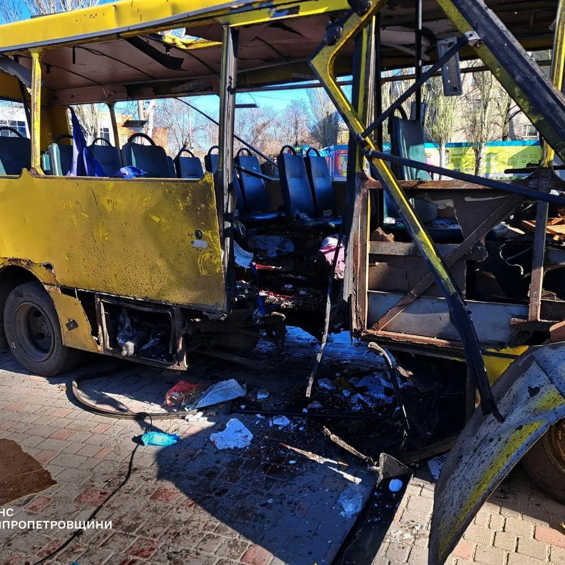 Wreckage of a municipal bus which was hit by a Russian drone in the town of Nikopol, amid Russia's attack on Ukraine, in Dnipropetrovsk region, Ukraine, April 7, 2026. Press service of the State Emergency Service of Ukraine/Handout via REUTERS