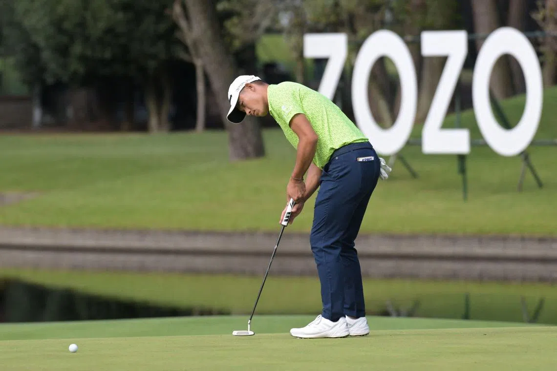 Collin Morikawa putts on the 16th green during the third round of the Zozo Championship.