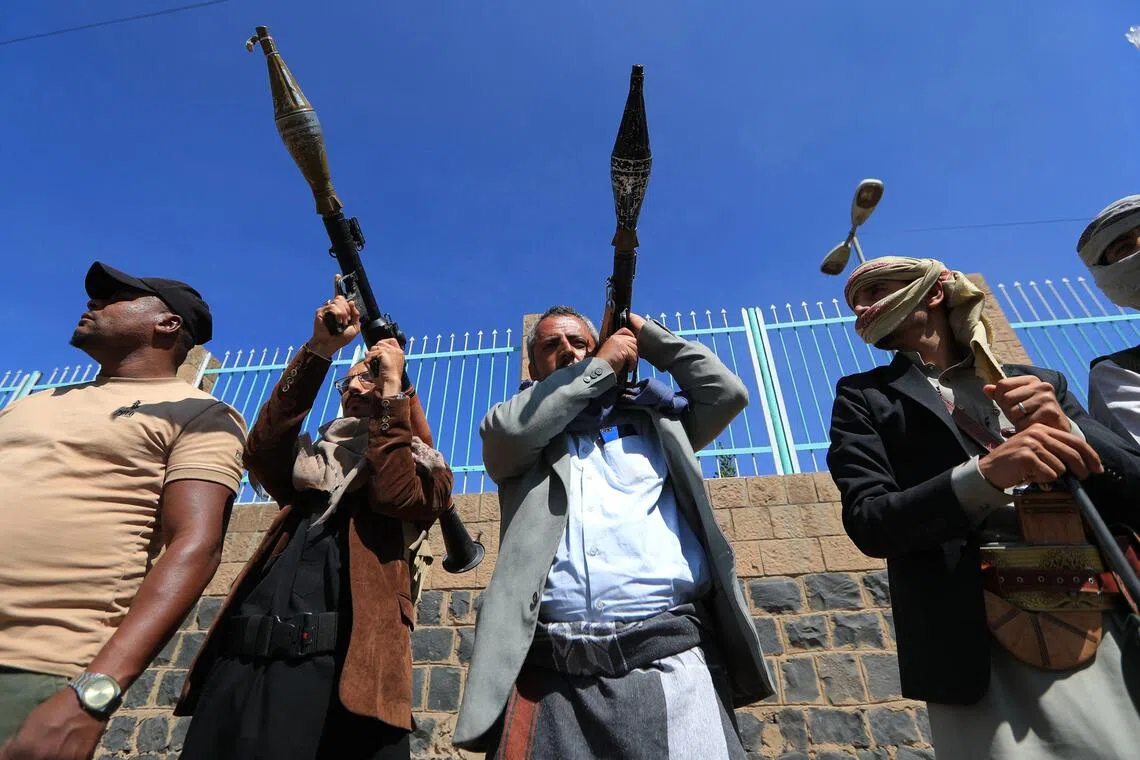 Houthi supporters take part in a rally to recruit more fighters in Sanaa, Yemen.