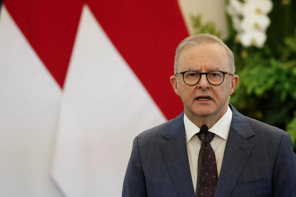 FILE PHOTO: Australia's Prime Minister Anthony Albanese speaks during a press conference with Indonesian President Prabowo Subianto (not pictured) at the Merdeka Palace in Jakarta, Indonesia May 15, 2025. REUTERS/Ajeng Dinar Ulfiana/File Photo