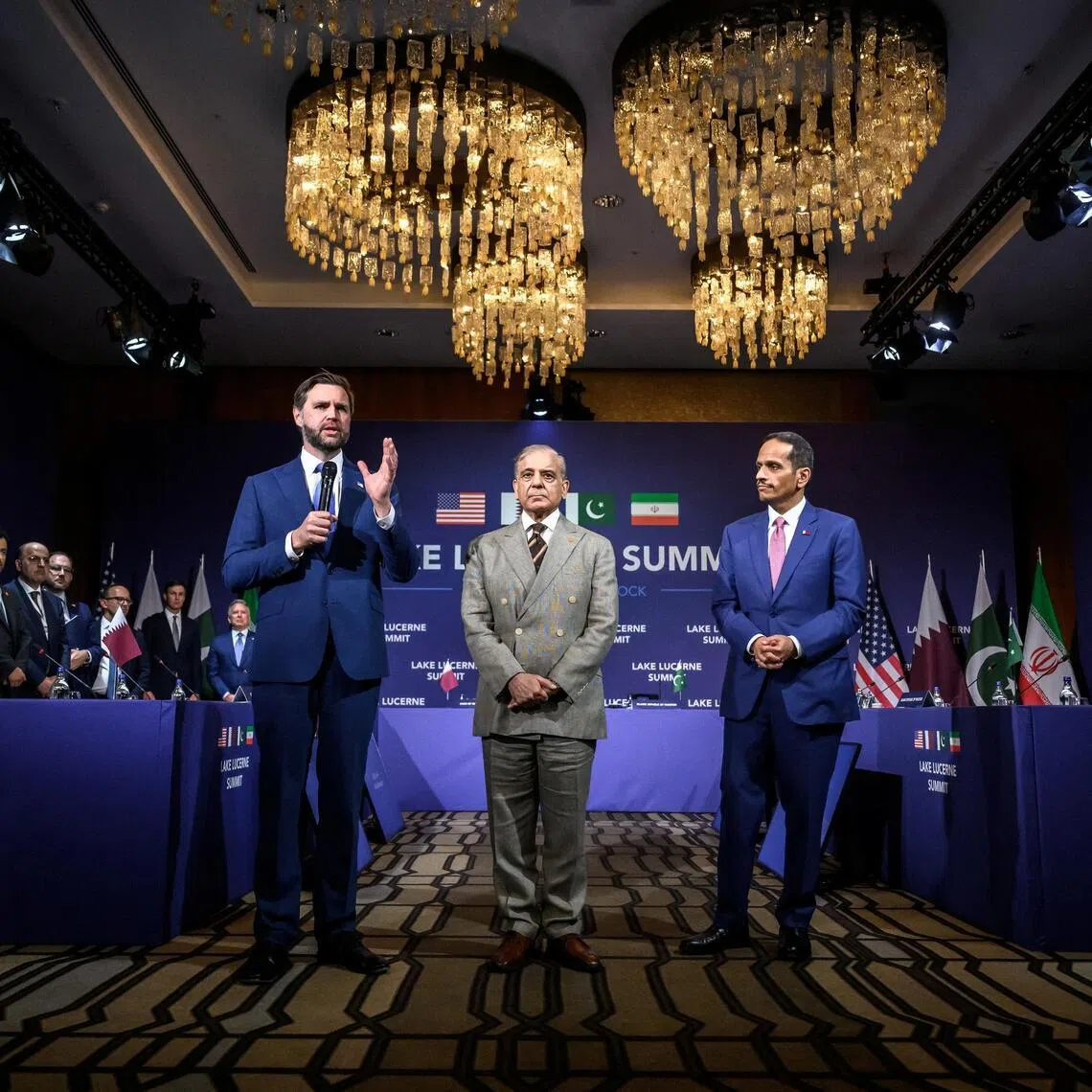 US Vice-President J.D. Vance speaks next to Pakistan's Prime Minister Shehbaz Sharif and Qatar’s Prime Minister Sheikh Mohammed bin Abdulrahman bin Jassim al-Thani, as talks between the US and Iran began in Switzerland.
