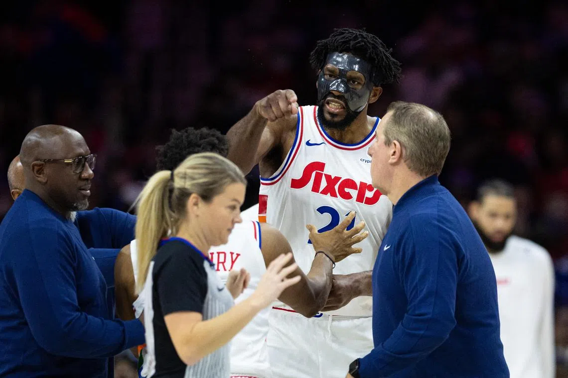 Philadelphia 76ers centre Joel Embiid argues with  referee Jenna Schroeder and is ejected on a second technical foul during the second quarter against the San Antonio Spurs at Wells Fargo Centre.