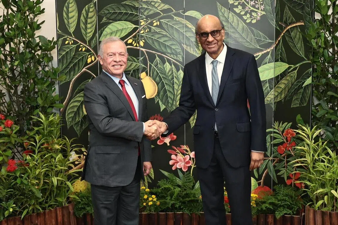 Jordan's King Abdullah (left), who is on a two-day working visit to Singapore, met President Tharman Shanmugaratnam (right) and Prime Minister Lawrence Wong.