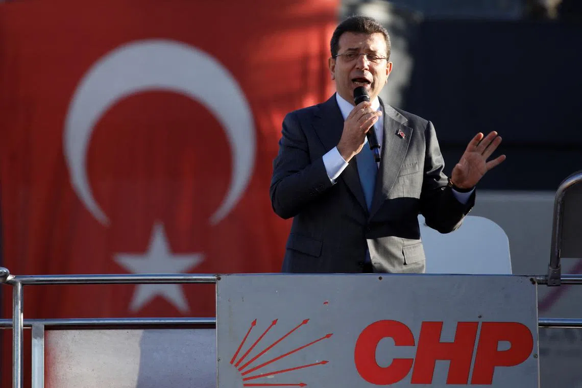 FILE PHOTO: Istanbul Mayor Ekrem Imamoglu from the main opposition Republican People's Party (CHP), speaks during a rally to protest against the arrest of Esenyurt Mayor Ahmet Ozer, in Istanbul, Turkey, October 31, 2024. REUTERS/Dilara Senkaya/File Photo
