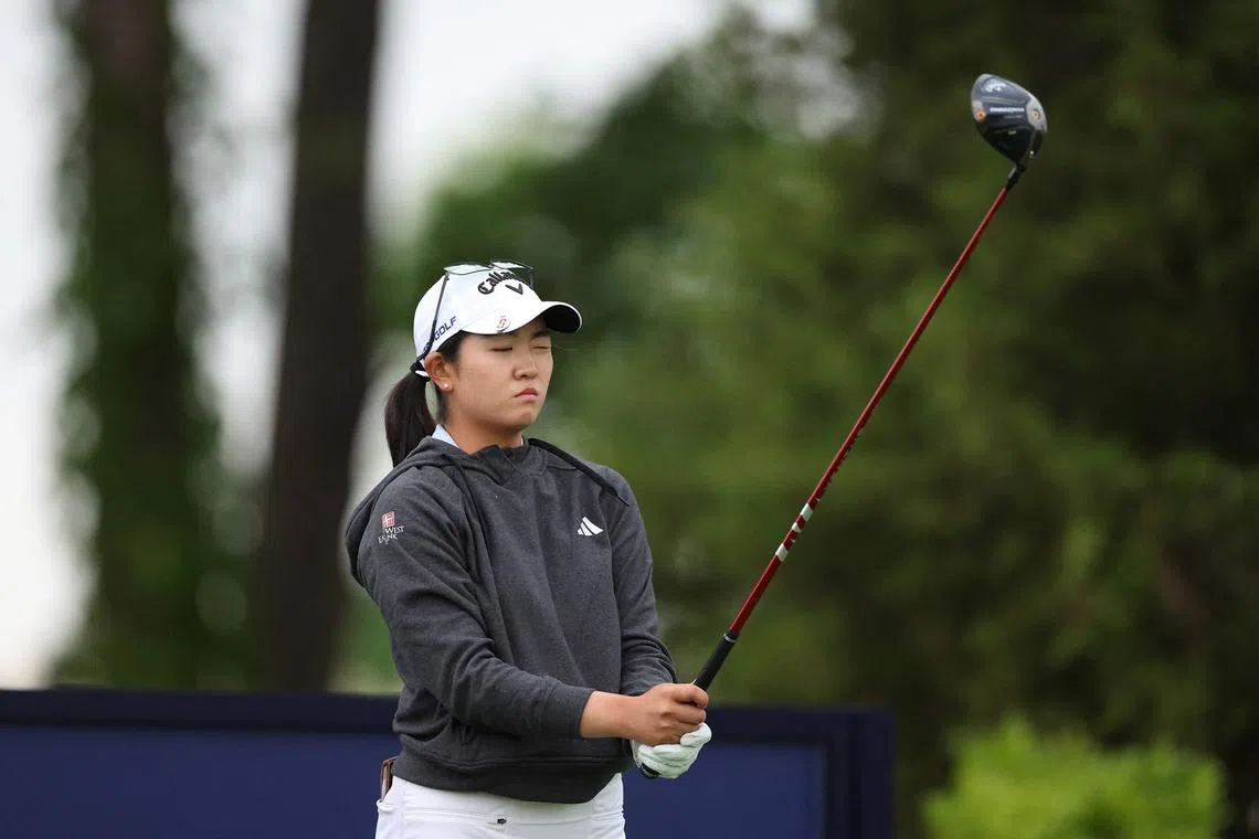 American Rose Zhang lining up her shot from the 16th tee during the third round of the Mizuho Americas Open at Liberty National Golf Club on Saturday. 