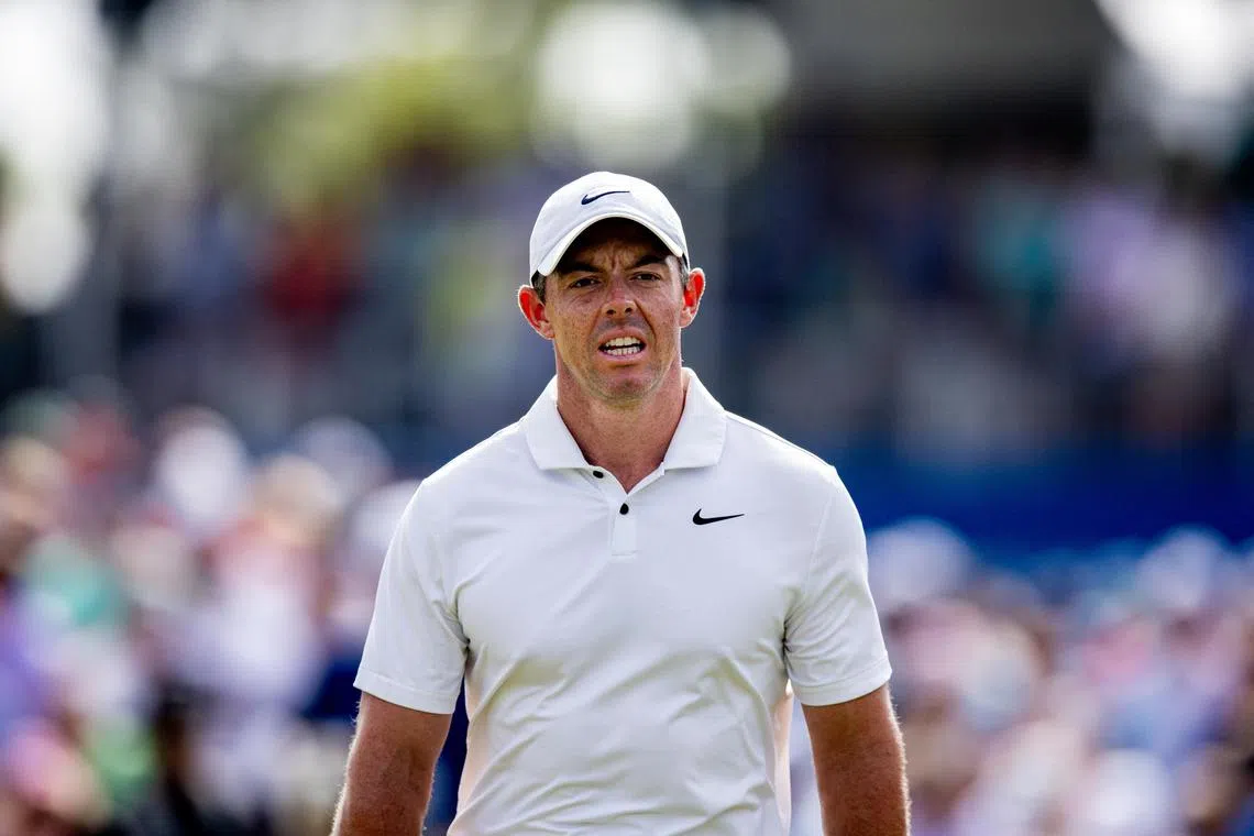 FILE PHOTO: Apr 28, 2024; Avondale, Louisiana, USA; Rory McIlroy lines up a putt on the green on the 18th hole during the final round of the Zurich Classic of New Orleans golf tournament. Mandatory Credit: Stephen Lew-USA TODAY Sports