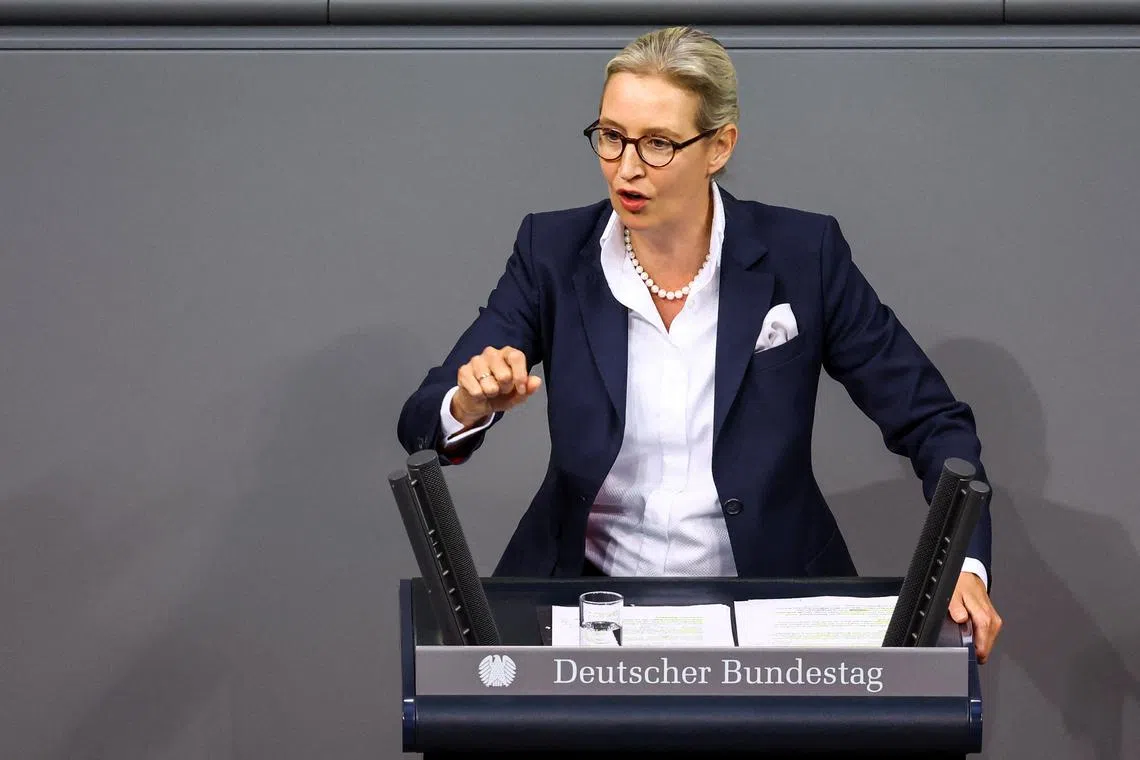 FILE PHOTO: Germany's Alternative for Germany (AfD) party co-leader Alice Weidel addresses the lower house of parliament, the Bundestag, in Berlin, Germany November 13, 2024. REUTERS/Lisi Niesner/File Photo