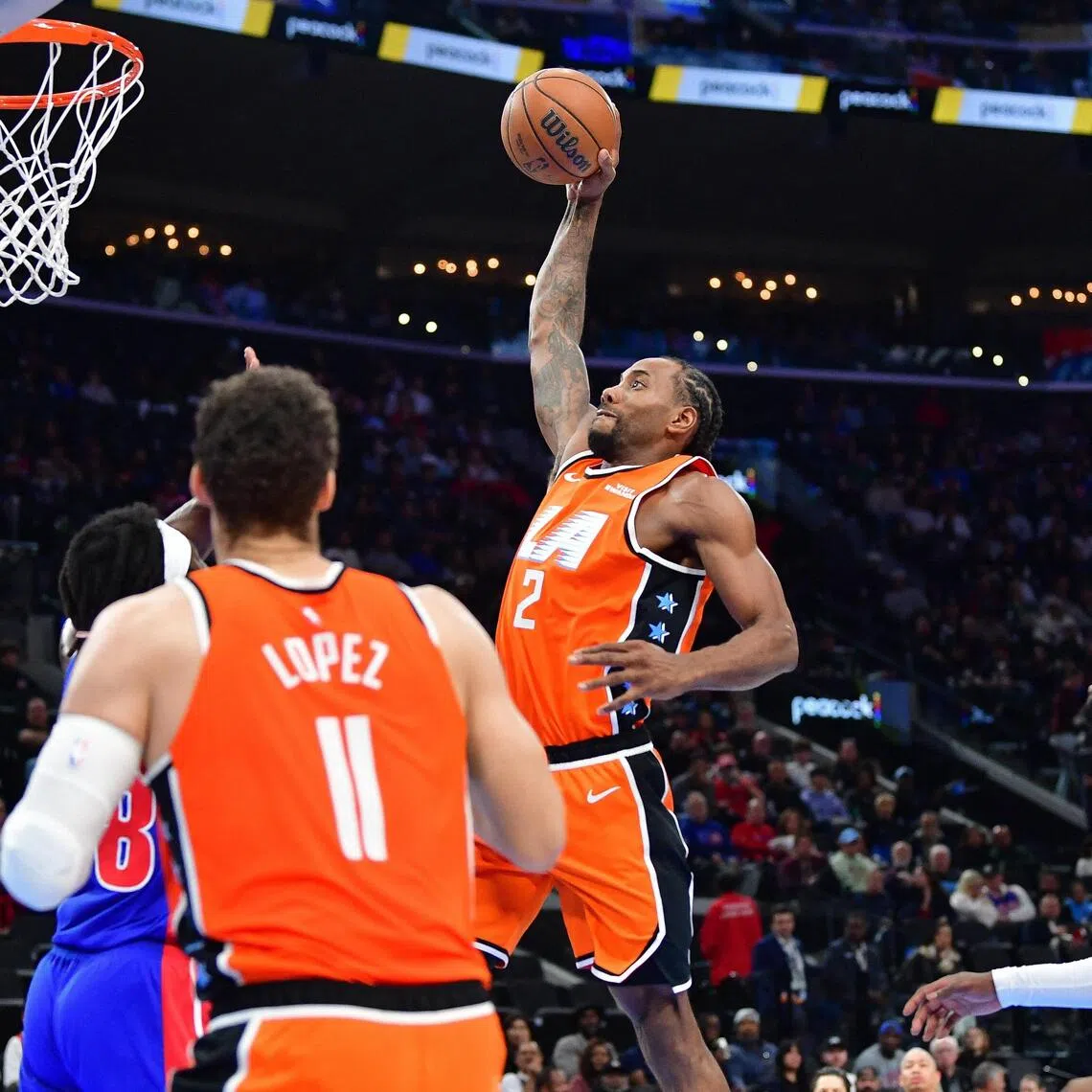 Los Angeles Clippers forward Kawhi Leonard dunking the ball during the 112-99 home victory over the NBA Eastern Conference leaders the Detroit Pistons on Dec 28 at the Intuit Dome.