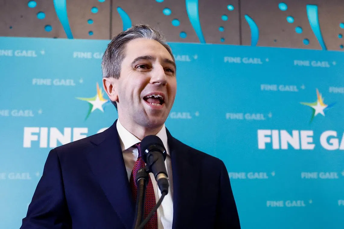 Ireland's Minister for Higher Education, Simon Harris, speaks after being announced as the new leader of Fine Gael at the party's leadership election convention, in Athlone, Ireland, March 24, 2024. REUTERS/Clodagh Kilcoyne