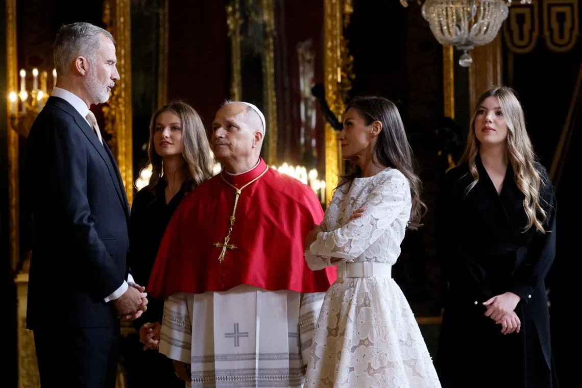 Spain's Felipe VI and Queen Letizia welcoming Pope Leo at the royal palace in Madrid on June 6.