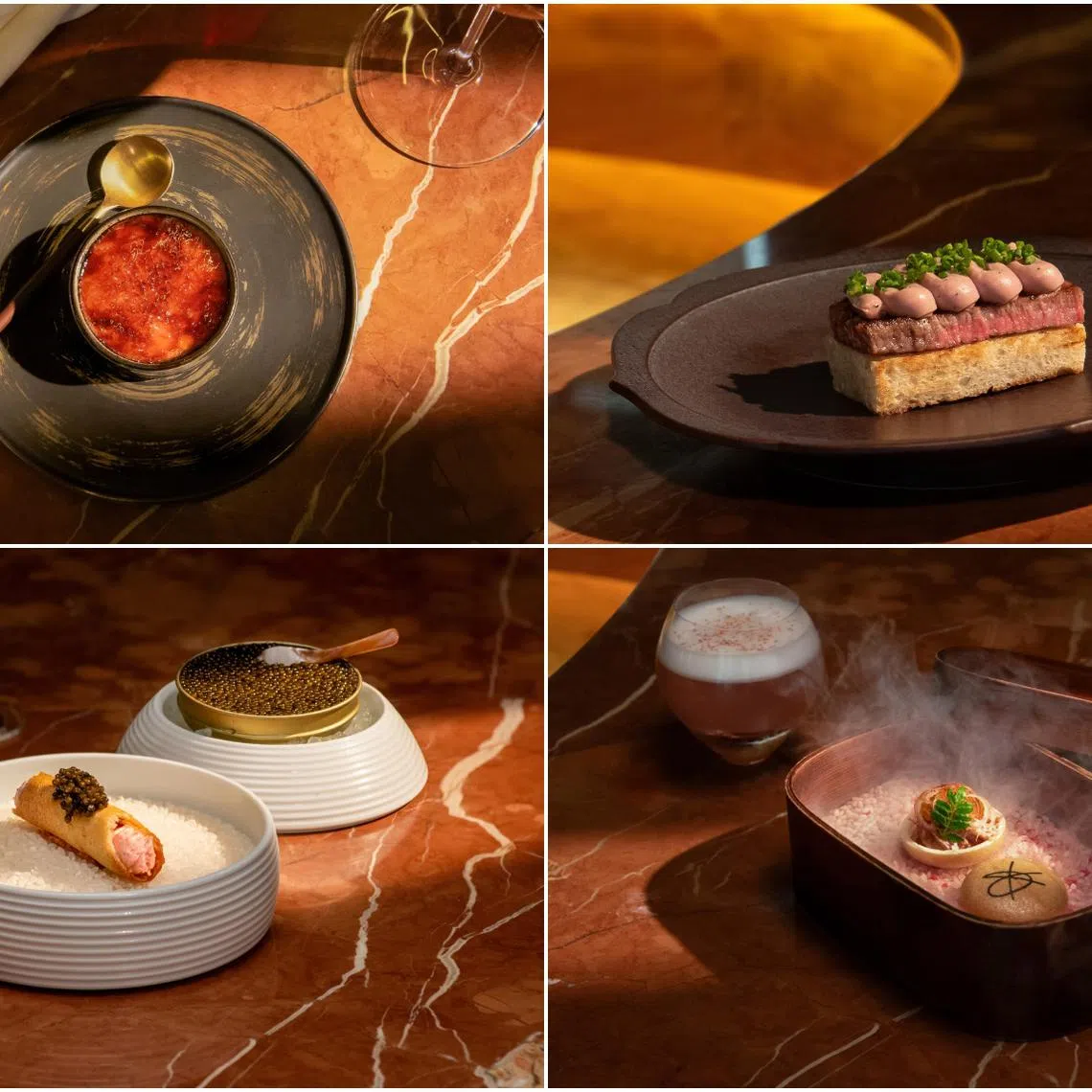 (Clockwise from top left) Forged Parfait, Hokkaido Wagyu Forged Parfait, Rice cracker served with Forged Parfait and Cannoli made from Forged Parfait.