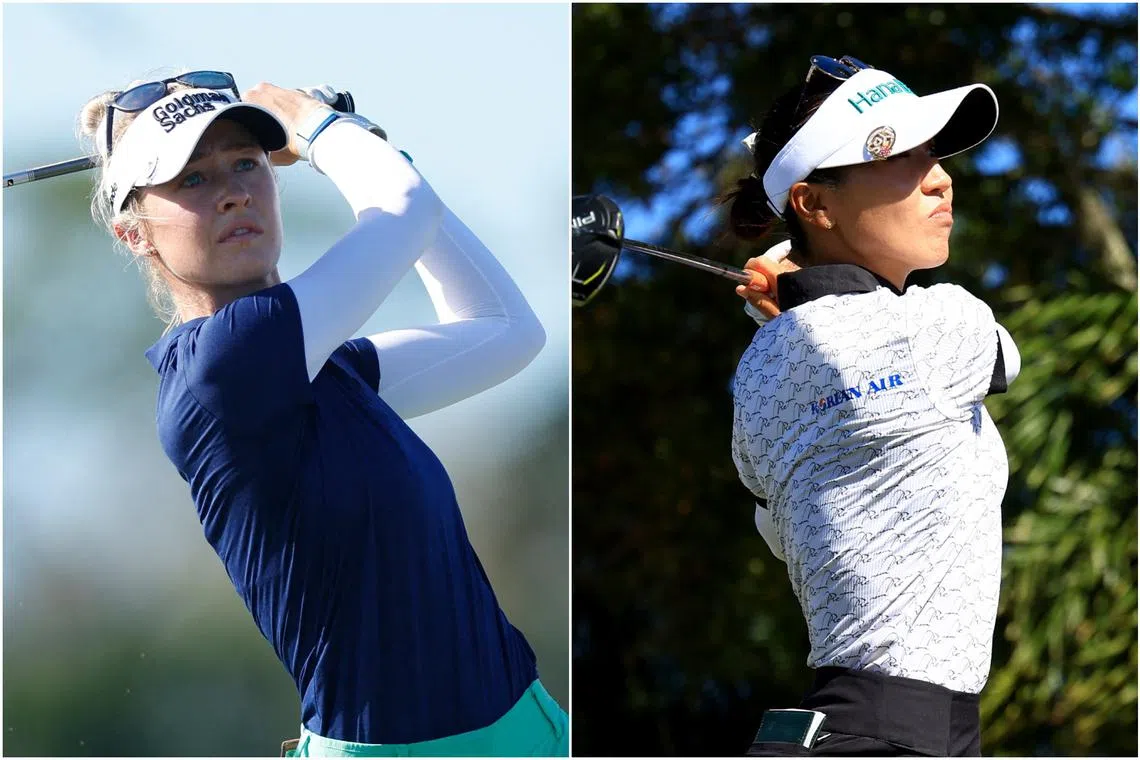Nelly Korda (left) and Lydia Ko shot six-under 65s at Bradenton Country Club, good for a one-stroke lead over Denmark’s Nanna Koerstz Madsen.