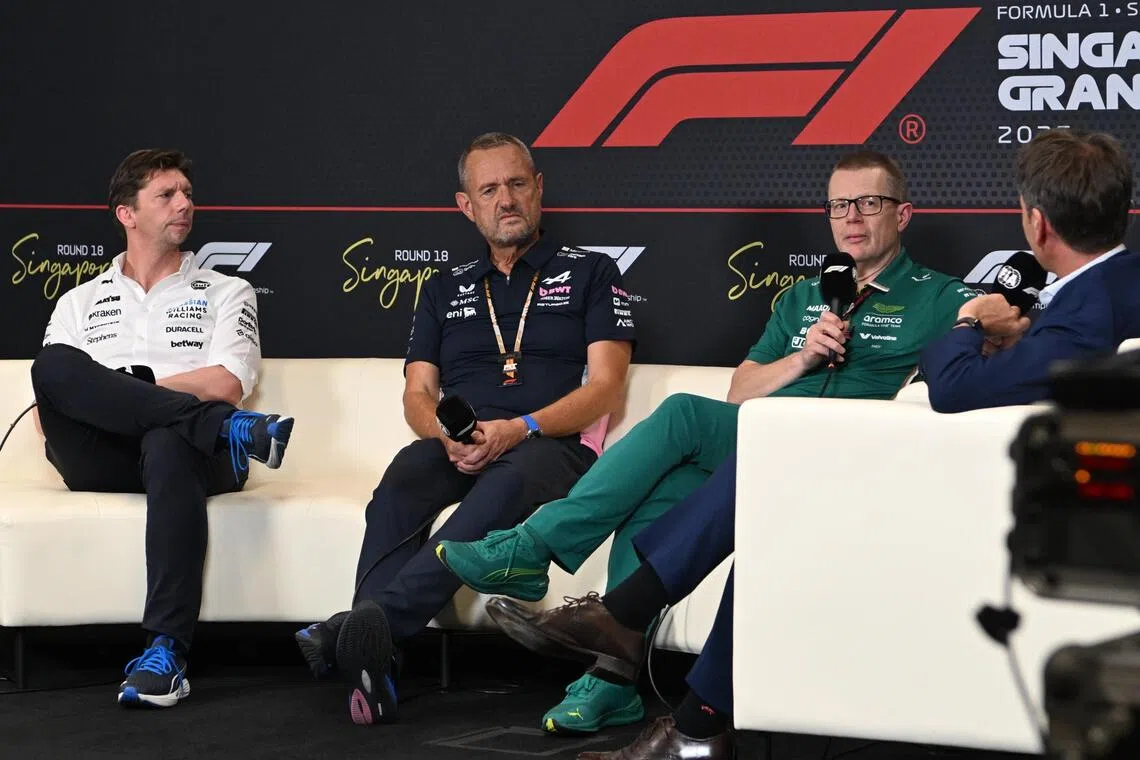 [NOTE: F1 photos are for editorial use only and NOT for sale.] 

(From left) Williams Racing team principal James Vowles, BWT Alpine team managing director Steve Nielsen, and Aston Martin Aramco Formula One team principal Andy Cowell, during a press conference the first practice session of the Formula 1 2025 Singapore Airlines Singapore Grand Prix at the Marina Bay Street Circuit on Oct 3, 2025. 

ST PHOTO: AZMI ATHNI