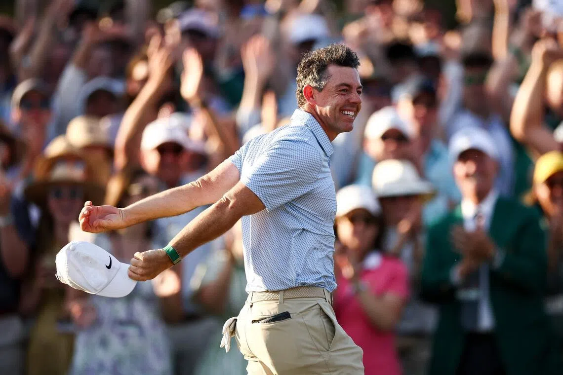 Rory McIlroy of Northern Ireland celebrates winning the 2026 Masters Tournament on the 18th green at Augusta National Golf Club on April 12, 2026 .