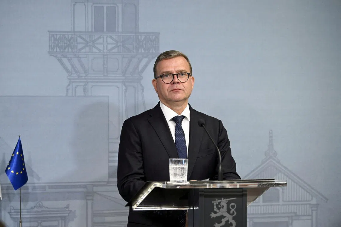 FILE PHOTO: Finland's Prime Minister Petteri Orpo looks on during a press conference with Estonia's Prime Minister Kristen Michal (not pictured) in Helsinki, Finland August 14, 2024. Lehtikuva/Mikko Stig via REUTERS/File Photo