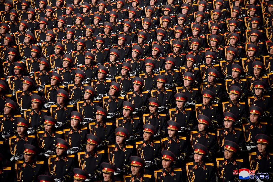 Troops take part in a military parade to mark the 75th founding anniversary of North Korea's army at Kim Il Sung Square in Pyongyang, North Korea February 8, 2023, in this photo released by North Korea's Korean Central News Agency (KCNA).  