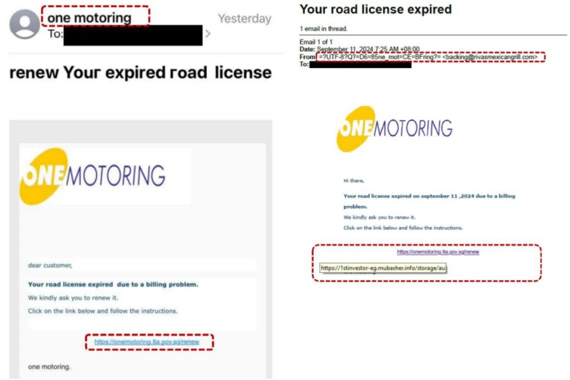 Victims received e-mails from a sender pretending to be OneMotoring by LTA, informing them that their vehicles’ road tax or road licence was expiring