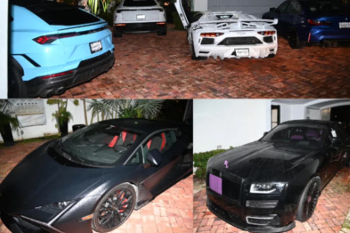 The fleet of cars, which cost between US$100,000 and US$3.8 million each, includes vehicles from Rolls-Royce, at least seven Lamborghinis, multiple Ferraris and the sports car Pagani.