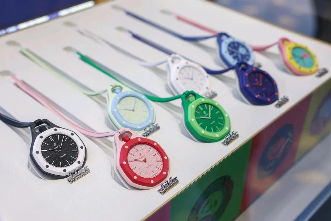 A close-up of the Royal Pop watch collection, a collaboration between Swatch and Audemars Piguet.