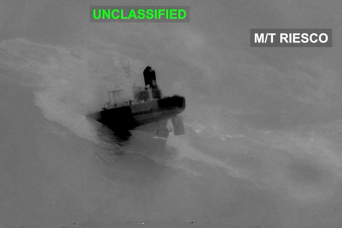 An Iranian crude oil carrier identified as M/T Riesco sinks after being struck.