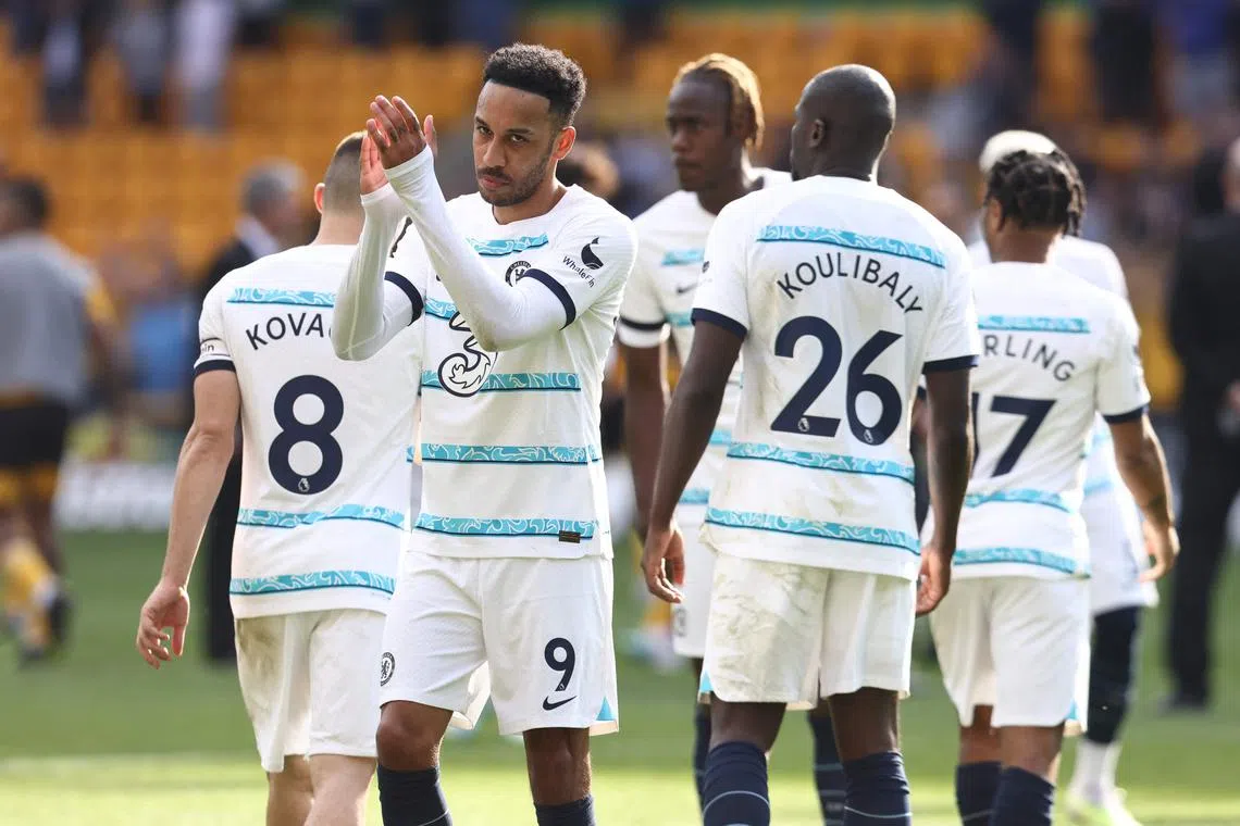 Chelsea's Pierre-Emerick Aubameyang (centre) applauds fans  after the match.