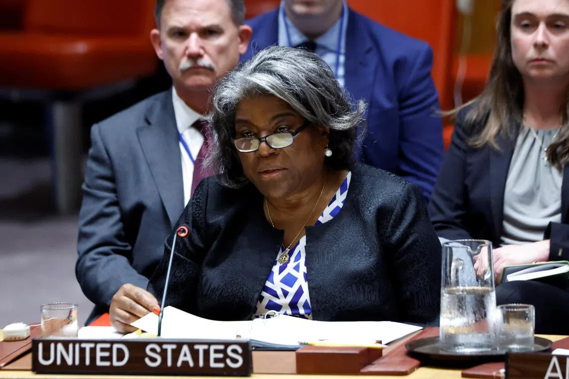 FILE PHOTO: U.S. Ambassador to the United Nations Linda Thomas-Greenfield speaks as the United Nations Security Council meets publicly to discuss the Israel-Hamas conflict in Gaza, at the U.N. headquarters in New York City, U.S., August 13, 2024. REUTERS/Eduardo Munoz/File Photo