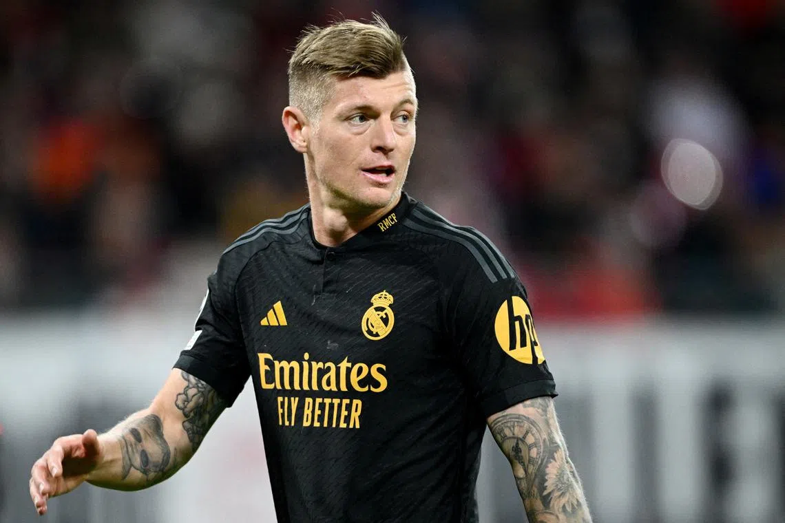 FILE PHOTO: Soccer Football - Champions League - Round of 16 - First Leg - RB Leipzig v Real Madrid - Red Bull Arena, Leipzig, Germany - February 13, 2024 Real Madrid's Toni Kroos REUTERS/Annegret Hilse