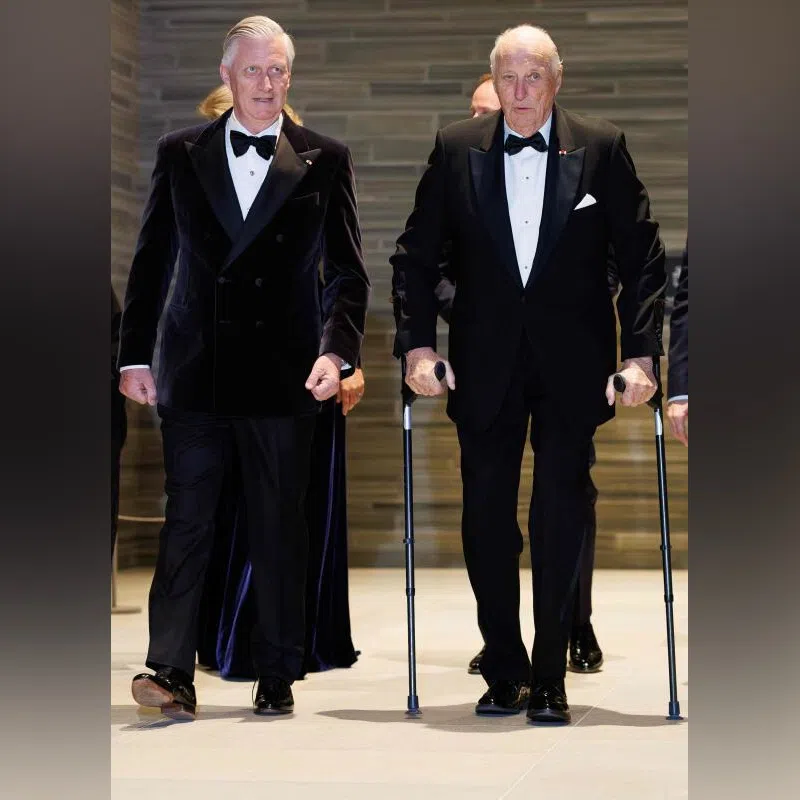 King Harald V of Norway (right) walking alongside King Philippe of Belgium ahead of a concert at the National Museum in Oslo, during an official visit of the Belgian royal couple to Norway, on March 25.