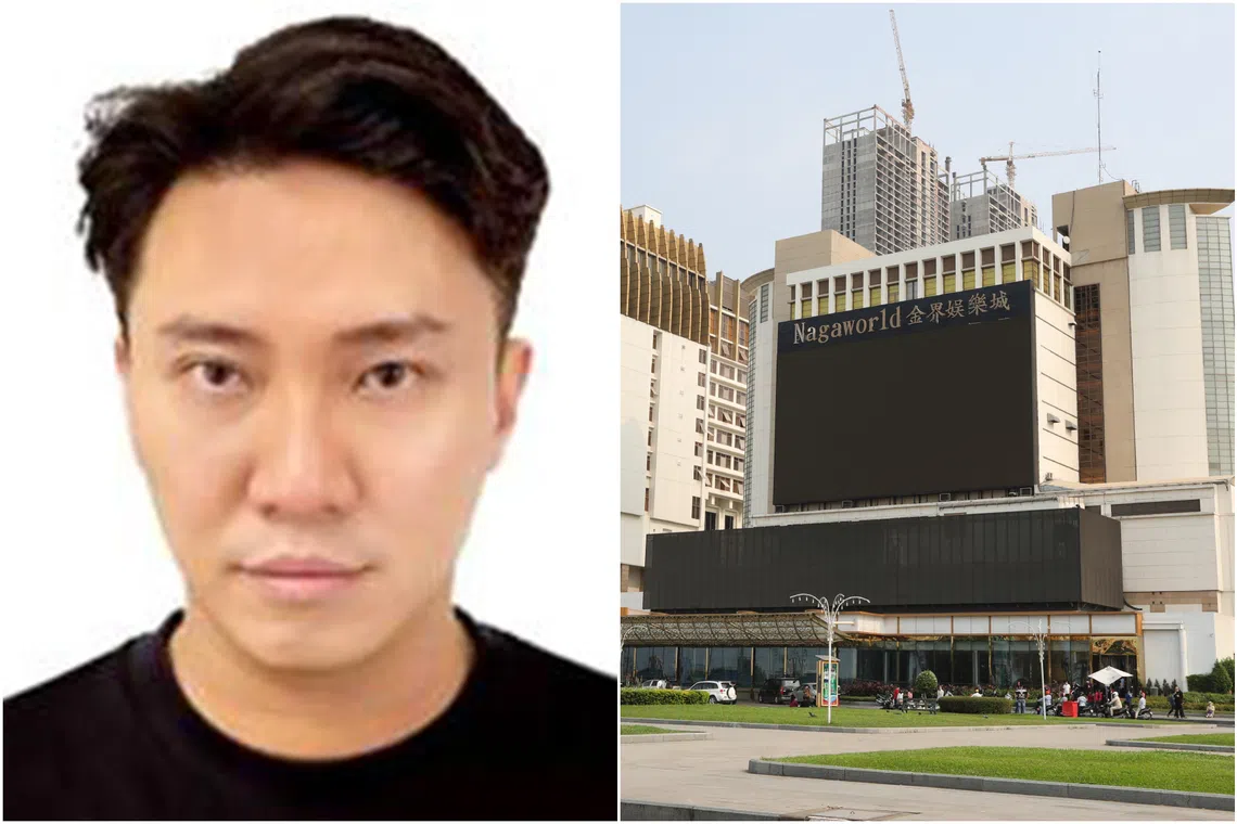 The group, led by Singaporean Ng Wei Liang (left), frequented NagaWorld (right), Cambodia's largest hotel and gambling resort.