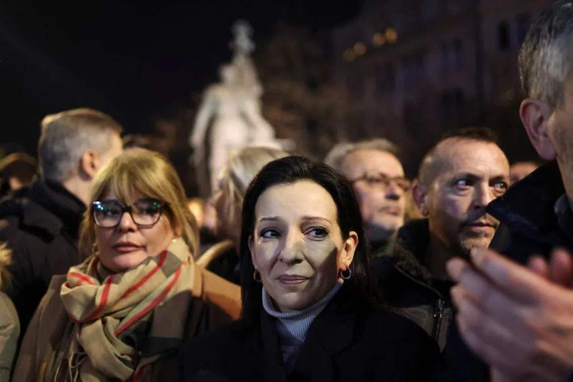 Marinika Tepic, one of the leaders of the Party of Freedom and Justice, attends a protest after the SPN alleged major election law violations in the Belgrade city and parliament races, in Belgrade, Serbia, December 24, 2023. REUTERS/Marko Djurica